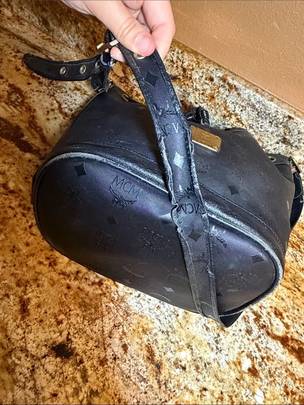 MCM Black Monogram Drawstring Bucket Hobo with Gold Plate